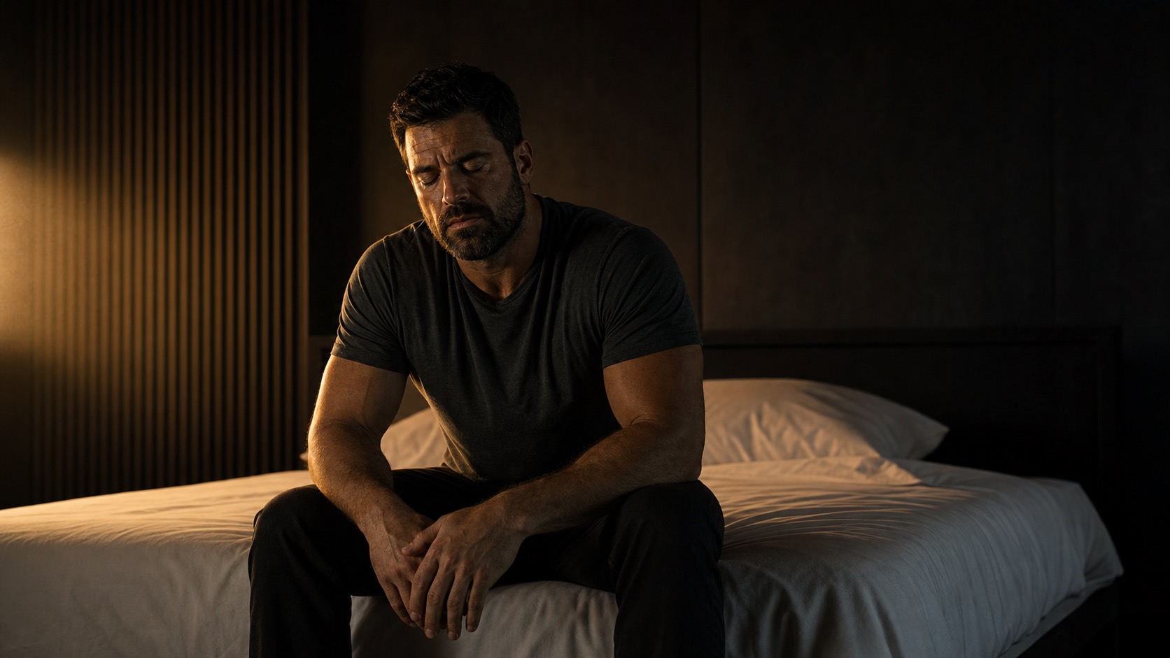 A Bitcoiner in his late 30s sitting on the edge of a bed, head bowed, eyes closed — finally letting go of the day