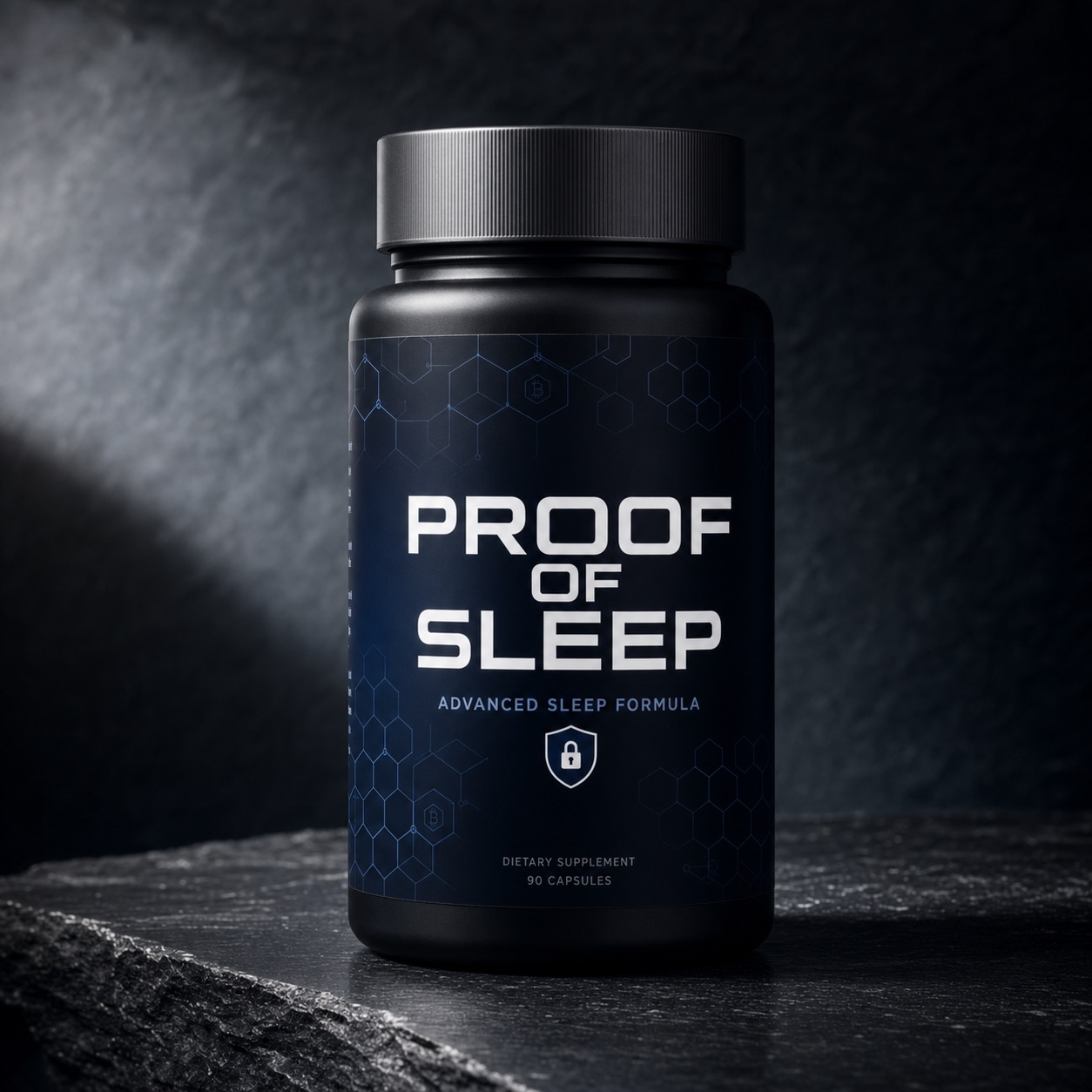 Proof of Sleep bottle on slate — black label with blue hex circuit pattern, Advanced Sleep Formula