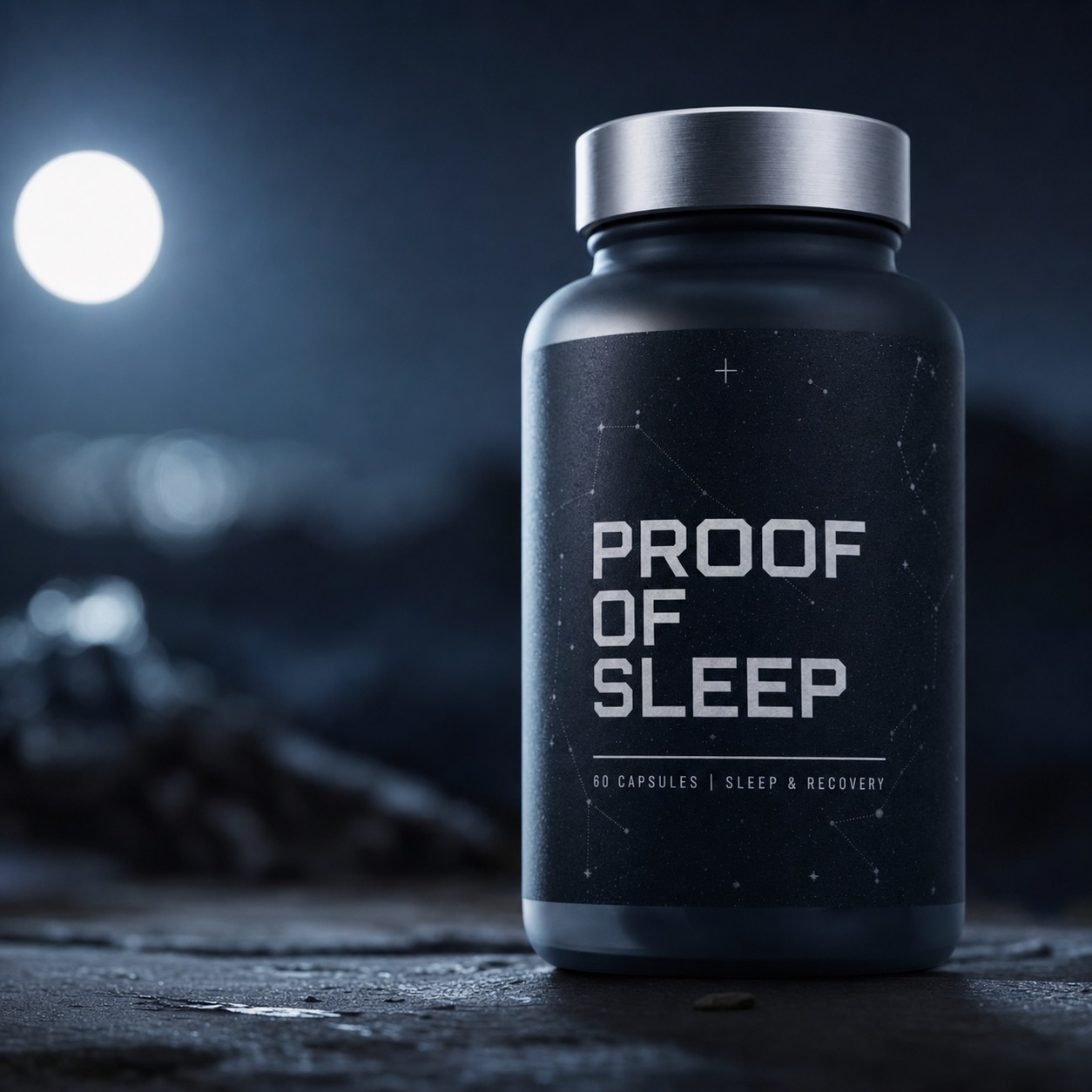 Proof of Sleep bottle under moonlight on slate — black label with constellations, 60 capsules · sleep & recovery